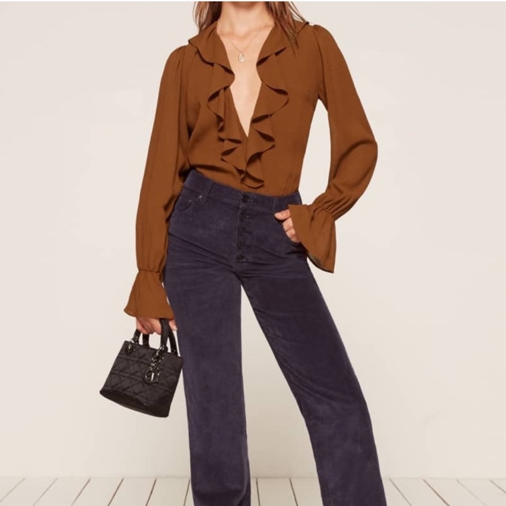 REFORMATION Brown Ruffle Penny Bodysuit Size Medium‎